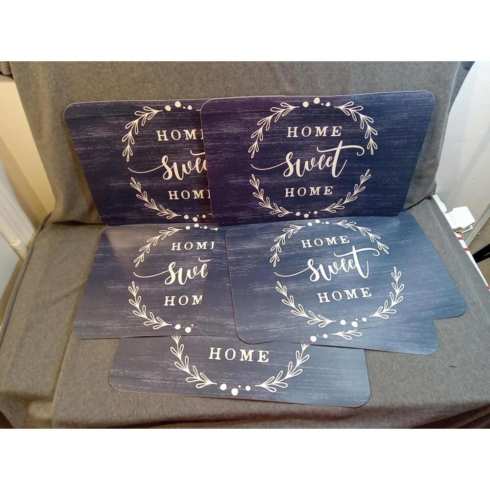 Greenbrier International Placemats Blue White Home Sweet Home Vinyl Set of 6